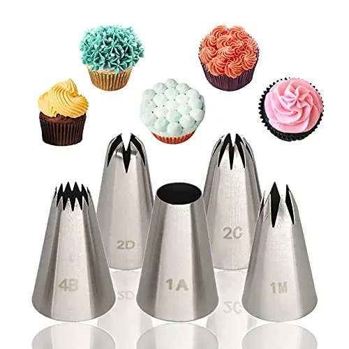 Spritztüllen Set, 5 Stück Edelstahl Tüllen für Spritzbeutel Sahne Spritztülle Groß Profi Nahtlose Blumen Torten Dekoration Werkzeuge für Spritzsack Sahne Cupcake Kuchen Dekorieren