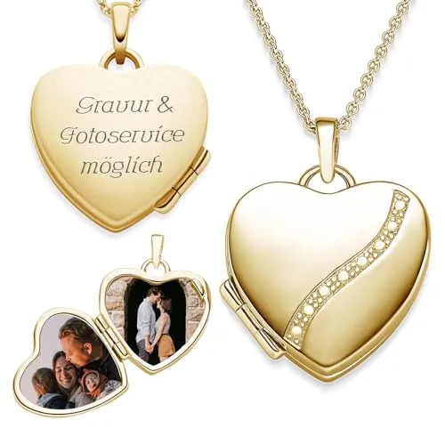 Herz Medaillon zum Öffnen für Bilder Gelbgold - Ketten für Damen | Edles Herzmedaillon aus vergoldetem 925er Silber, mit Platz für 2 Fotos und individueller Gravur, perfekt als Geschenk für besondere Anlässe.