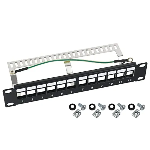 HMF 63346-02 STP Keystone-Patchpanel für Serverschrank | 10 Zoll | 1 HE | 12 Ports RJ45 Geschirmt | Schwarz