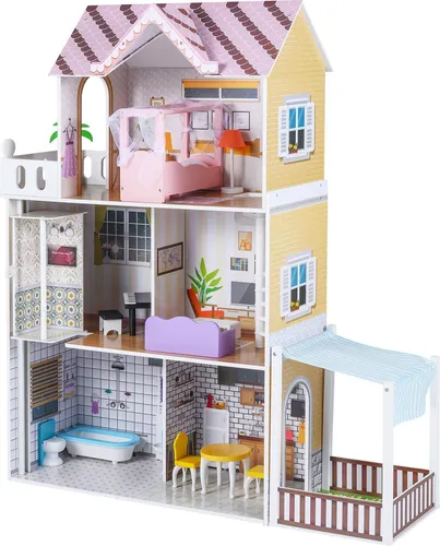 Puppenhaus aus Holz für Kinder – 3-stöckiges rosa Spielhaus mit Miniaturmöbeln