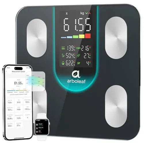 arboleaf Körperfettwaage Waage Körperfett und Muskelmasse hochpräzis CS20L | Personenwaage digital, Körperanalysewaage mit BIA Technologie & Großem LED-Display Körperwaage Bluetooth bis 180kg/400lbs