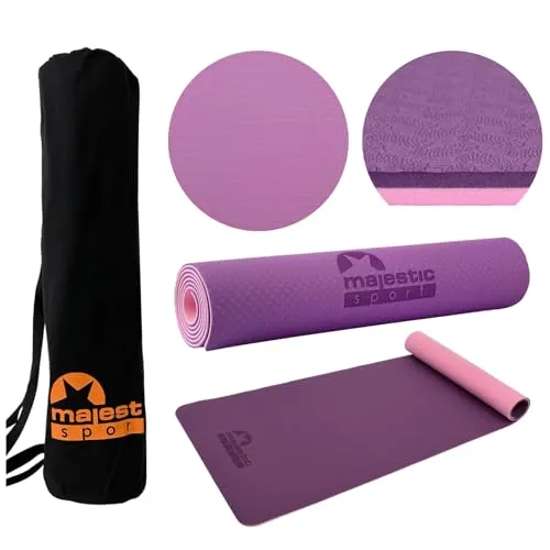 MAJESTIC SPORT Gymnastikmatte, Yogamatte Inkl. Tragetasche aus Baumwolle, rutschfest Trainingsmatte für Fitness Sportmatte, Pilates & Gymnastik TPE 183 x 61 x 0,6 cm Violett.