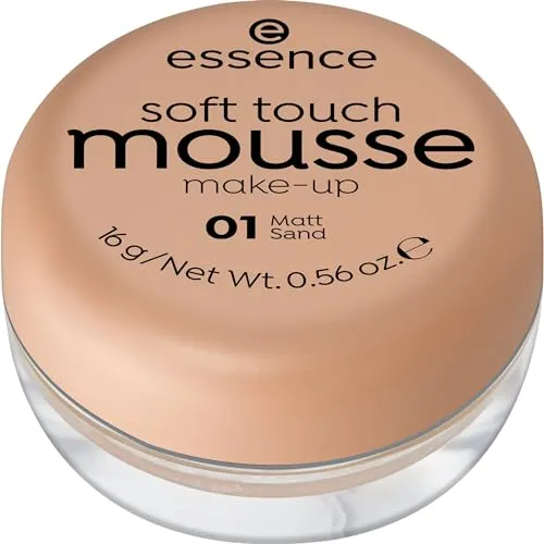 essence soft touch mousse make-up, Make-up, Nr. 01, Nude, mattierend, matt, für unreine Haut, für Mischhaut, vegan, ohne Parfüm, ohne Alkohol, ohne Parabene, 1er Pack (16g)