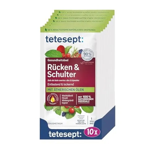 tetesept Meeressalz Rücken & Schulter, Badezusatz, 10 x 80 g | Gesundheitsbad für Entspannung & Lockerung, mit 6 ätherischen Ölen, 100 % naturrein, vegan & mikroplastikfrei