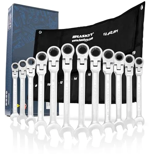 HASKYY 12tlg Gelenk-Ratschenschlüssel Satz 8-19 mm 180 Grad Gelenk Ratschen Gabelschlüssel Ringmaul Schlüssel Set