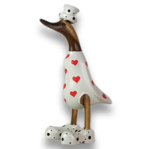 Holz Ente Lauf Ente Gartendeko Figur aus Bambus Wurzel und Teak Holz Herz Weiß