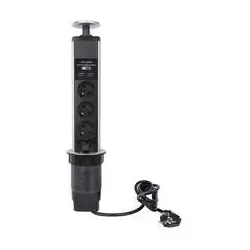 Perel Steckdosenturm, versenkbar mit USB-Ladebuchsen - Steckdosen & Zubehör – Versenkbarer Steckdosenturm mit 3 Typ E Steckdosen und 2 USB-Anschlüssen, ideal für Küche oder Büro. Praktisch und platzsparend, perfekt für das moderne Zuhause.