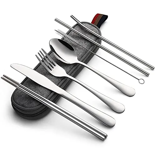 DEVICO Tragbares Camping Besteck - 8-Teiliges Edelstahl Reisebesteck mit Messer, Gabel, Löffel, Essstäbchen, Strohhalmen, Reinigungsbürste und Etui - Ideales Besteck Set für Unterwegs (Silber)