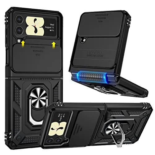 HWeggo Hülle für Samsung Galaxy Z Flip 4,für Galaxy Z Flip 4 Handyhülle mit Schiebe-Kamera-Abdeckung und Ring-Ständer,Faltbarer TPU-Rahmen und Harte PC-Rückseite,stoßfeste Anti-Scatch Schutzhülle