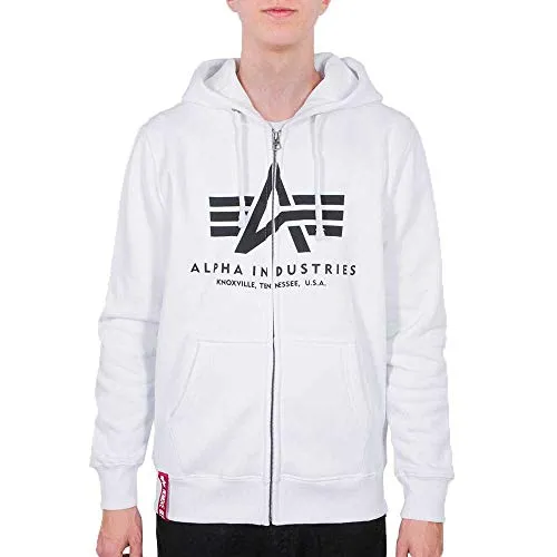 Alpha Industries Basic Zip Hoody für Herren - White - Herren-Sweatjacke im Regular Fit mit großem Logo Print und praktischer Kapuze. Die 