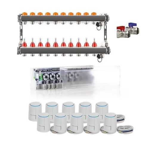 Fach Heizkreisverteiler Premium Plus Stellantrieb Komplett Set 10 - Fußbodenheizungen, komplett mit hochwertigem Stellantrieb für effiziente Wärmeverteilung und einfache Installation.