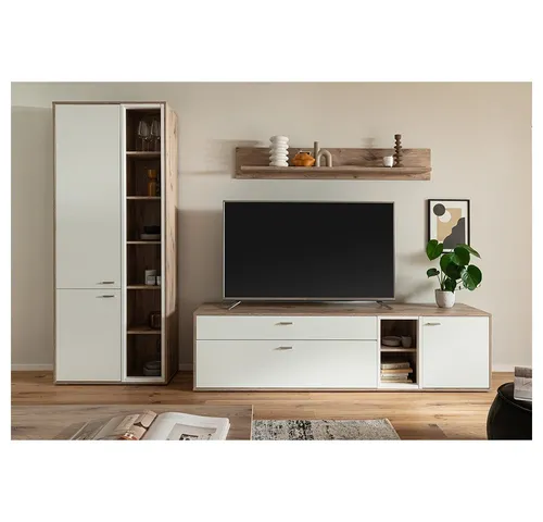Lomadox Wohnwand SAGUNTO-05, (3-St., Vitrine Wandboard Lowboard), in Eiche und weiß, mit Softclose-Funktion