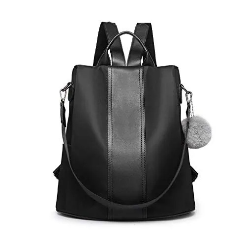 Miss Lulu Damen Rucksack Wasserdichte Nylon Schultaschen Anti-Diebstahl Tagesrucksack Schultertaschen für Unterwegs (Schwarz)