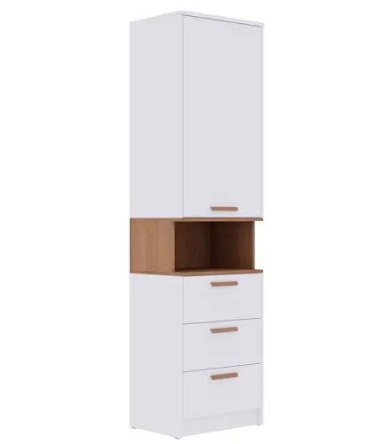 Marmex Grant G6 Kleiderschrank Garderobenschrank Flur mit Regalen und Schubladen Regal mit 2 Fächer Bücherregal Kommode Schmal mit Nischenregal Kinderzimmer Möbel Wohnzimmer Möbel 52x195 cm (Modern)