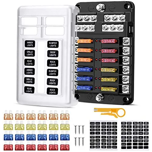 Fach Sicherungshalter KFZ, 12V ATO Sicherungskasten KFZ, Auto Sicherungsdose Sicherungsträger mit 24pcs Sicherungen und LED-Anzeige Schutzabdeckung für Auto, Boot, Marine, SUV, Wohnmobil, LKW 12