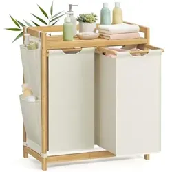 Songmics Wäschekorb in Creme/Hellbraun - Wäschekorb aus robustem Bambusholz mit 2 Fächern und Ablage, ideal für stilvolle und organisierte Wäscheaufbewahrung.