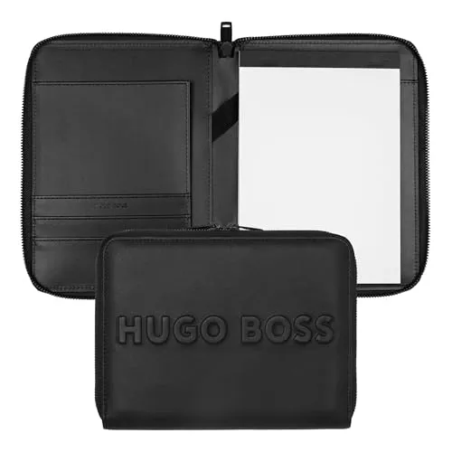 Hugo Boss Konferenzmappe Label A5 aus Kunstleder - Elegante Schreibmappe aus schwarzem veganem Leder mit 3D-Logo, inklusive herausnehmbarem Block und vielseitigen Fächern – ideal für stilvolle Meetings.