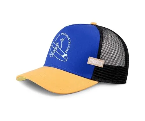 Coastal Spread Stoke Trucker Cap - Blau/Apricot - Stylische Trucker Cap von Coastal in sommerlichem Design mit gebogenem Schirm und Mesh-Einsatz, ideal für Freizeit und Outdoor-Aktivitäten.