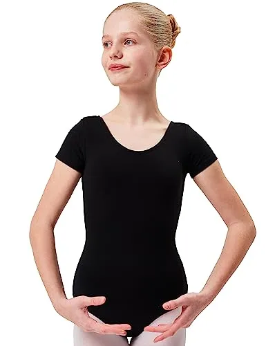 tanzmuster Ballettanzug Mädchen Kurzarm - Sally - aus weichem Baumwollstoff - Ballett Trikot Ballettbody in schwarz, Größe 128/134