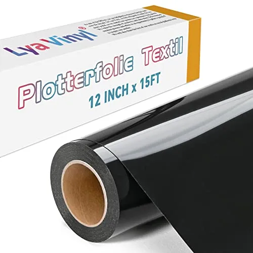 Lya Vinyl Plotterfolie Textil, 30,5 × 457,5cm Schwarz Flexfolie Plotter Textil für Cricut und Silhouette Cameo, Textilfolie Plotter für DIY Stoff und Shirt