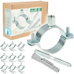 Tecuro - 10-er Kombi-set Schraubrohrschelle M8/m10 Verzinkt 50-55 Mm, Inkl. Stockschraube M8 X 100 Mm Und Hohlraumdübel