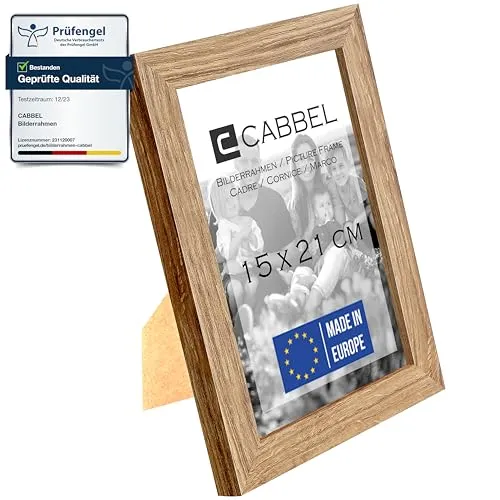 CABBEL Bilderrahmen 15x21 cm, Eiche, stabiles MDF-Holz Rahmen, bruchsicherem Plexi-Glas, zum Aufhängen & Aufstellen, ideal für Fotos/Bilder/Collage