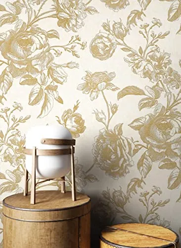 Newroom Vliestapete - Beige Floral Blumen Tapete für Wohnzimmer & Schlafzimmer - Moderne Blumentapete in Beige mit goldenen Akzenten, ideal für eine romantische und einladende Atmosphäre in jedem Raum.