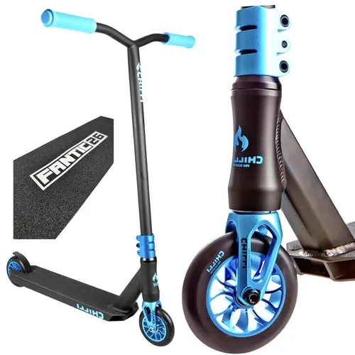 Chilli Pro Reaper Stunt-Scooter Wave Blau mit Fantic26 Griptape - Cityroller mit robustem 6061 Aluminium Deck und ABEC 9 Lagern für hohe Geschwindigkeiten, ideal für Stunts und Tricks. Geeignet für Kinder ab 8 Jahren bis 100 kg.