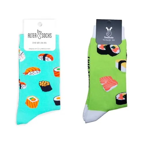 TwoSocks Weihnachtsmann Socken Herren & Damen lustige und witzige Strümpfe als Geschenk, Baumwolle, Einheitsgröße (Sushi Liebe)