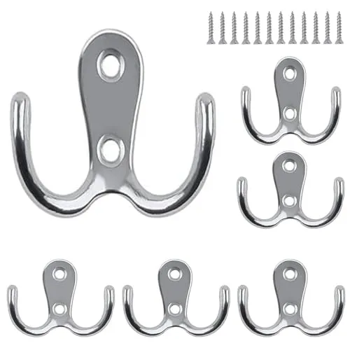 NBFBA Kleiderhaken, 6 Stücke Doppelt Wandhaken, Silber Metall Retro Wandhaken, Wand Kleiderhaken mit 12 Schrauben für Badezimmern Schlafzimmern Küche