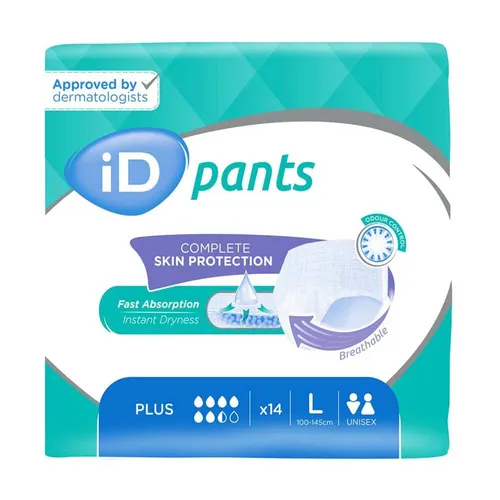 iD Pants Plus L, 112 Stück - Inkontinenz Schutzhosen & Unterwäsche, diskrete und bequeme Pull-ons für mehr Unabhängigkeit bei mittelschwerer bis schwerer Inkontinenz, dermatologisch getestet und mit geruchsneutralisierendem Saugkern.