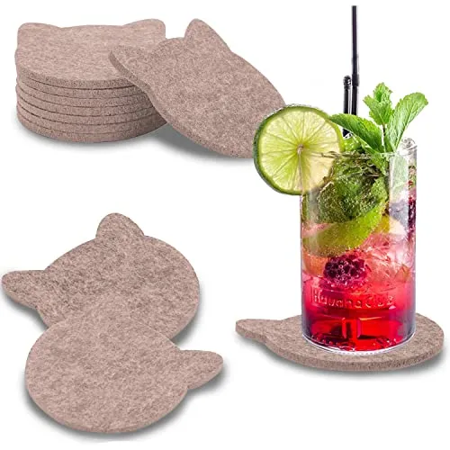 wortek Filz Untersetzer Gläser Beige in Katzenform – 8er Set Glasuntersetzer für Getränke, Tassen, Bar, Glas - Ø 10cm Tischuntersetzer waschbare Filzuntersetzer Gläser Glas Untersetzer-Set