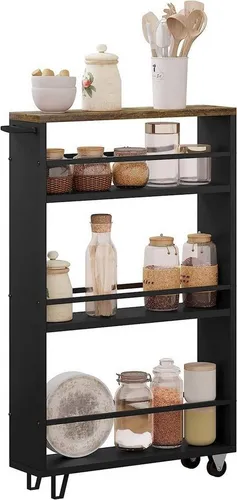 WOLTU Küchenwagen mit 3 Ebenen - Servierwagen mit robusten E1-Holzregalen, platzsparend und mobil dank 4 Rollen, ideal für Küche und Büro.