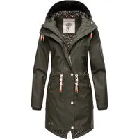 Navahoo Damen Übergangsjacke Tropical Stormoo Oliv Gr. XS - Funktionsjacke mit wasserdichtem, gummiertem Obermaterial, ideal für wechselhaftes Wetter. Stylischer Schwalbenschwanzschnitt und zahlreiche Taschen für optimalen Stauraum.