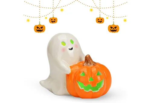 matches21 HOME & HOBBY Dekofigur Keramik Geist mit LED & Kürbis, Weiß, Halloween Deko, 10 cm (1 St), Ideal für Halloween-Partys & Herbstdeko