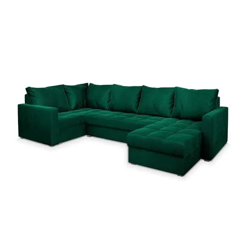 Masseno Ecksofa LORIVO mit Schlaffunktion U-Form - Sofa mit Bettkasten in modernem Grün, ideal für platzsparende Wohnlösungen und gemütliche Übernachtungen.