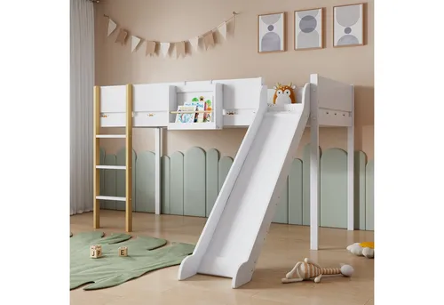 TavilaEcon Hochbett Kinderbett Jugendbett mit Rutsche und dreistufiger gerader Leiter mit abnehmbarem Regal, Kiefer+MDF, Weiß+Natur, 90x200cm