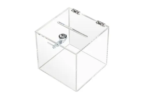 HMF Aktionsbox 46919 - Glasklarer Würfel mit Schloss - Werbeartikel: Robuste, glasklare Acrylbox mit Sicherheitszylinderschloss und Einwurfschlitz für DIN A6, ideal für Spenden und Visitenkarten.