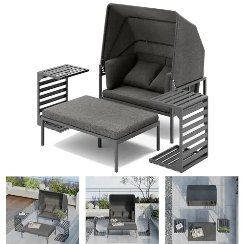 Mucola Strandkorb Relaxinsel mit Dach - Strandkörbe für den Garten, wetterfest und resistent gegen Regen und Salzwasser, inklusive 2 extra dicker Kissen und verstellbarem Sonnendach für optimalen Komfort.