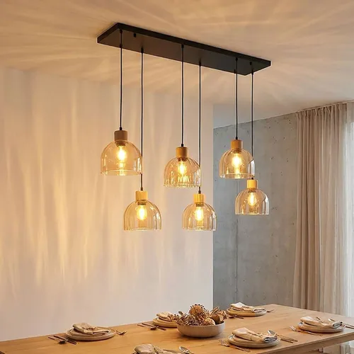 GLOBO LIGHTING Pendelleuchte aus Metall und Glas, höhenverstellbar, 6 E27-Fassungen - Moderne Pendelleuchte in Schwarz mit Amber-Glas, ideal für Ess- und Wohnbereiche. Höhenverstellbar für flexible Raumgestaltung. Perfekt über Esstischen oder Kücheninseln.