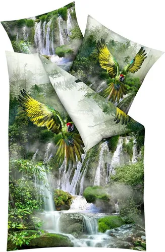 Kaeppel Mako Satin Bettwäsche 155x220 cm Urwald Federn - Elegante 2-teilige Bettwäschegarnitur aus hochwertigem Mako-Satin, ideal für stilvolle Wohnräume. Mit praktischem Reißverschluss und brillanten Farben für hohen Schlafkomfort.