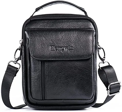 hengwin Leder Schultertaschen Herren, Kleine Umhängetasche Männer Business-Tasche Messenger Bag Handgelenktasche Handytasche Gürteltasche Reisetasche mit Gürtel Schleife (Schwarz)