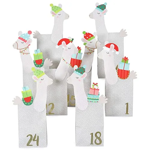 Papierdrachen Adventskalender zum Befüllen - Kraftpapier Set - ausgestanzte Lamas - mit 24 weiß-gemusterten Papiertüten zum Basteln und zum Selbermachen
