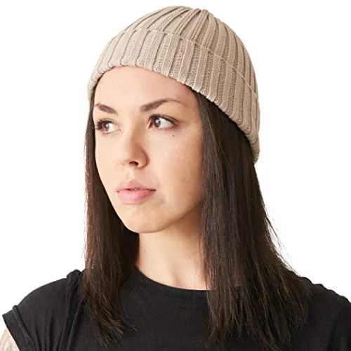 CHARM Herren Fisherman Beanie 100% Baumwolle Damen Strick Beanie Mütze Klassisches Einfaches Design Gerippt Slouch Hut Beige