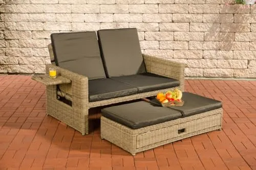 CLP Polyrattan 2er-Loungesofa Ancona mit verstellbarer Rückenlehne - Gartenmöbel mit hohem Sitzkomfort, verstellbarer Rückenlehne und ausziehbarem Fußteil für Stauraum und Entspannung. UV-beständig und pflegeleicht.