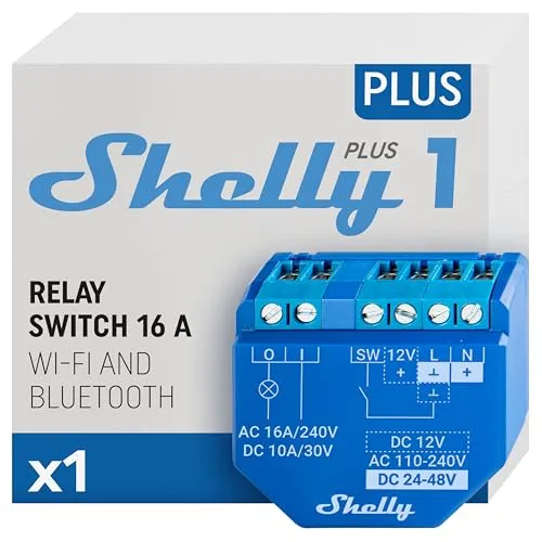 Shelly Plus 1 - Wlan & Bluetooth Smart Relais Schalter 16A - Sicherheitstechnik-Zubehör, automatisiere und steuere elektrische Geräte bequem per App oder Sprachbefehl, ideal für Smart Homes ohne zusätzlichen Hub.