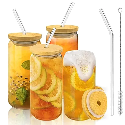 LWMTT Cocktail Gläser, 500ML Bubble Tea Becher, Trinkbecher mit Deckel und Strohhalm, Bubble Tea Set mit Bubble Tea Strohhalme für Soda,Cocktail,Smoothie,Kaffee Gläser Trinkglas 4 Stück