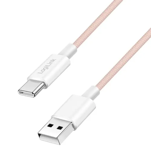 Logilink USB 2.0 Typ-C Anschlusskabel, C (Stecker) zu A (Stecker) mit Nylon-Ummantelung, 60W, Pink, 0,5 m