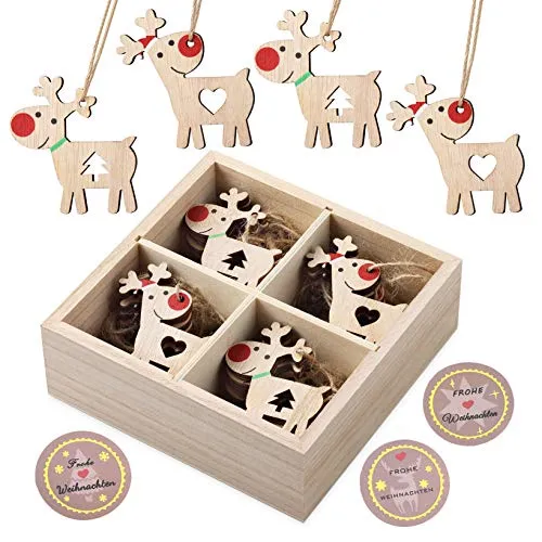KOHMUI Holz Weihnachtsdeko Anhänger, Weihnachtsdekoration Hirsch Dekofigur mit Rote Nase Rentier Baumschmuck zum Hängen, 24 Weihnachtssnhänger mit 18 Frohe Weihnachten Aufkleber, MEHRWEG Verpackung