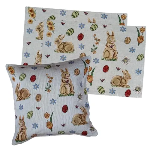 Gobelin Tischset 2er Pack Ostern Tischdeko mit Baumwolle Osterdeko Untersetzer Esstisch Deko Landhaus Typ884 Platzsets 33x46 cm Hasen Ostereier